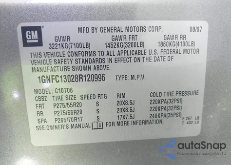 2008 Chevrolet Tahoe Ltz from USA, damaged, VIN 1GNFC13028R120996